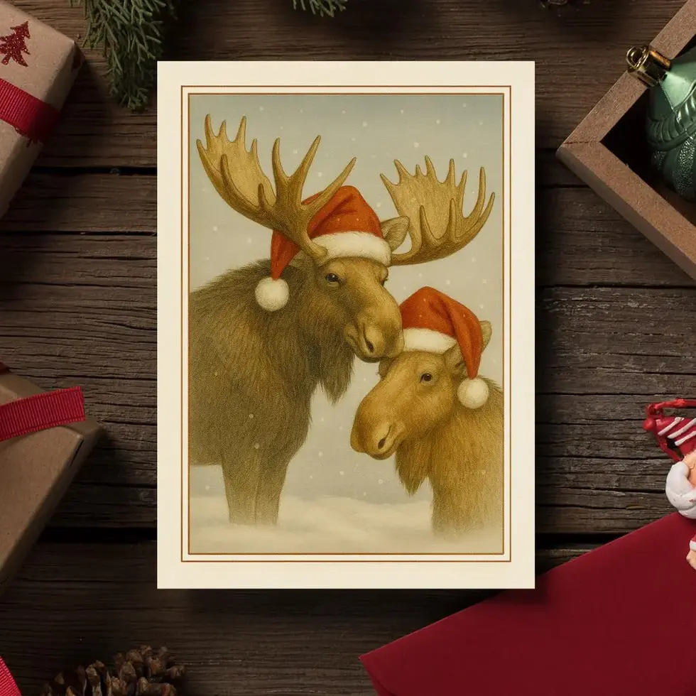 Set of illustrated Christmas cards featuring animals in Santa hats holding lanterns in snowy winter scenes.