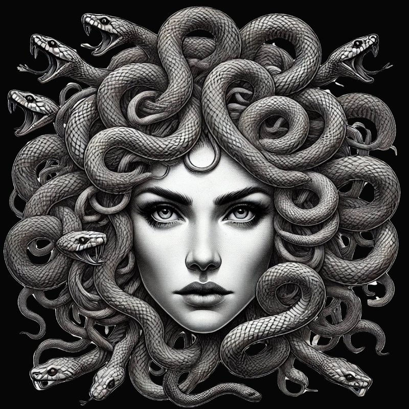 Black ceramic mug featuring a detailed grayscale illustration of Medusa with snakes for hair.