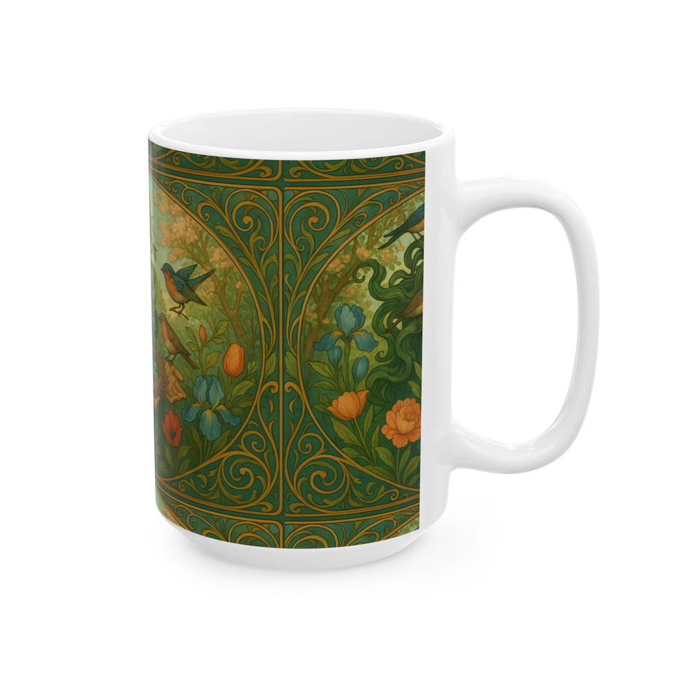 Ceramic mug featuring an Art Nouveau-style illustration of Mother Earth surrounded by birds