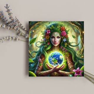A serene Mother Earth figure intertwined with natural elements like leaves, flowers, and flowing hair.