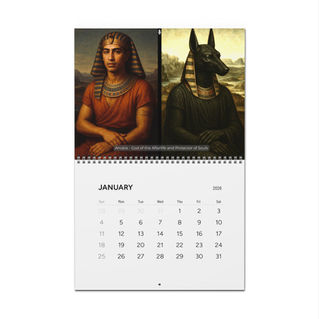 2026 calendar featuring illustrated Egyptian gods and goddesses.