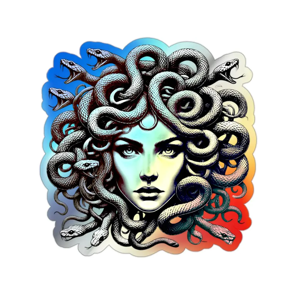 Medusa vinyl sticker with bold black linework, detailed snakes, and a fierce gaze on a white background.