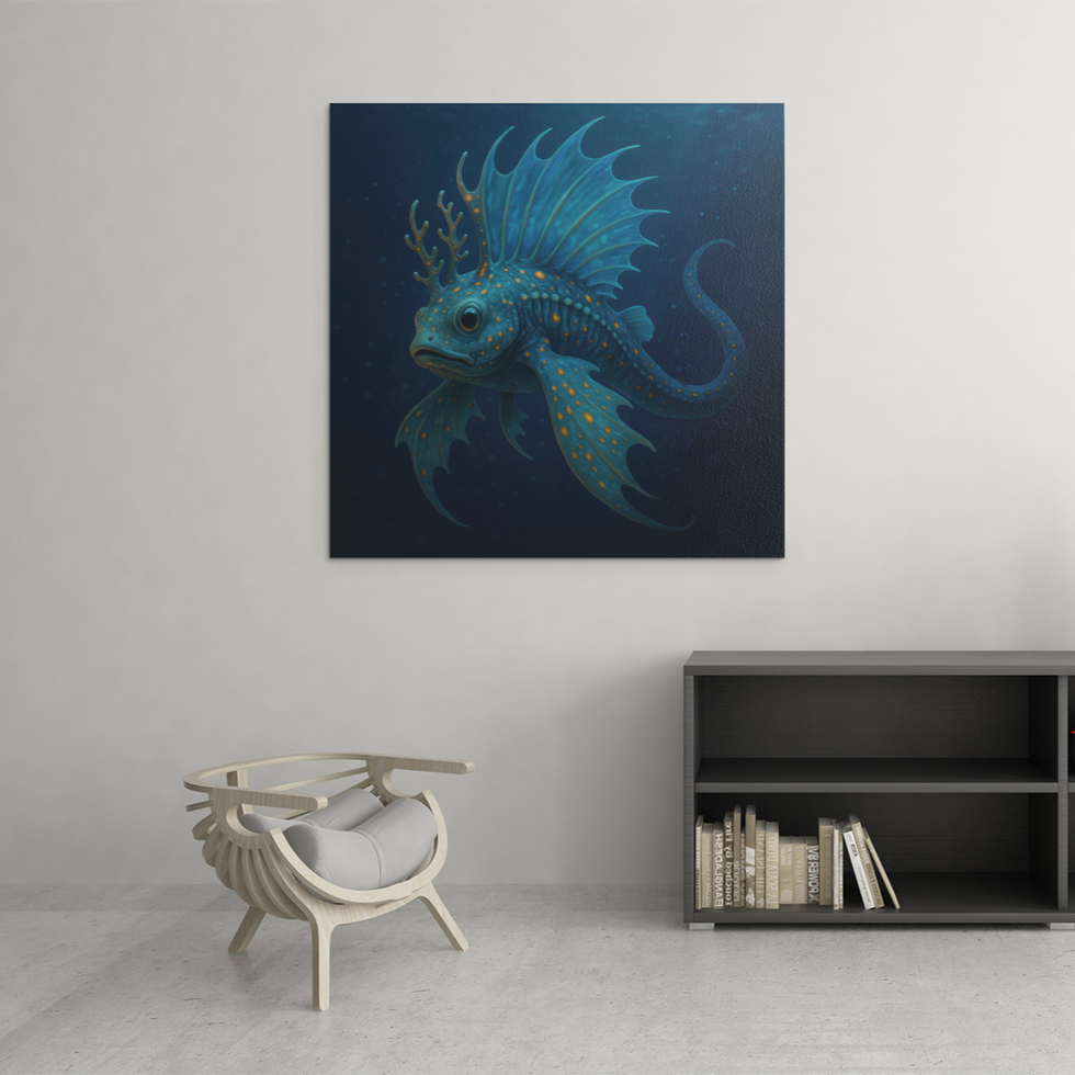 A framed artwork featuring a fantastical blue fish with orange spots and fin details