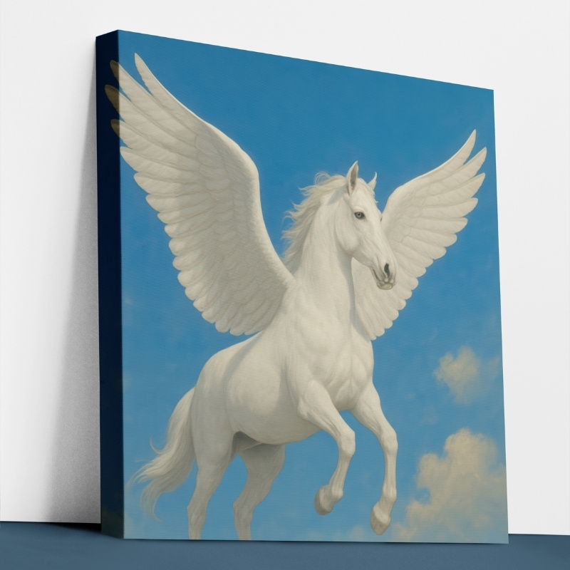 White Pegasus wall art print featuring a winged horse flying against a blue sky, framed in a modern interior setting.