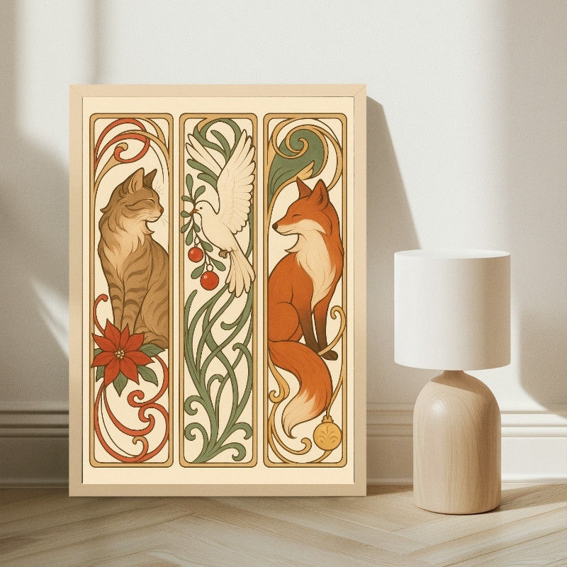 Art Nouveau style illustration featuring a fox, white dove, and cat intertwined with flowing botanicals and holiday florals i