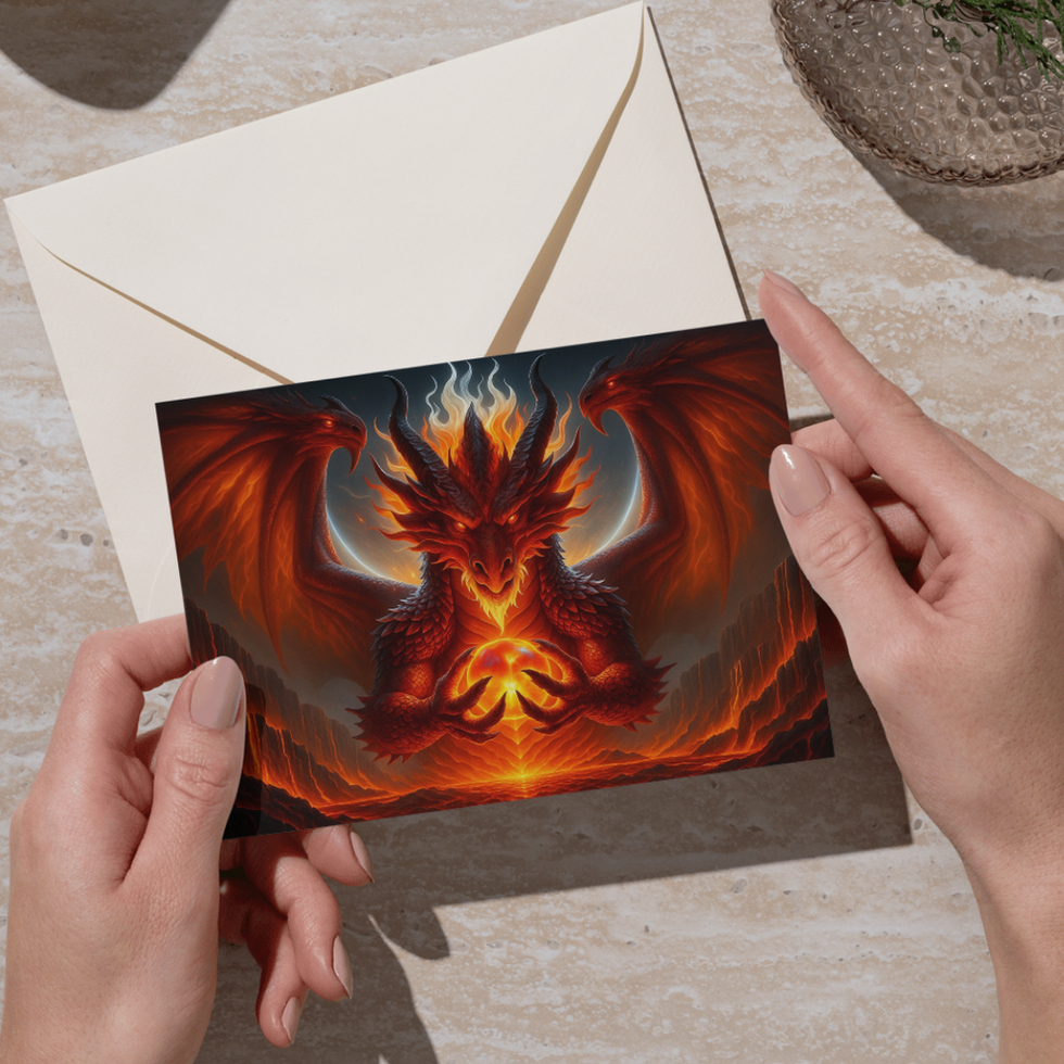 Fire dragon wall art print, with a powerful red dragon soaring upward through a fiery explosion.