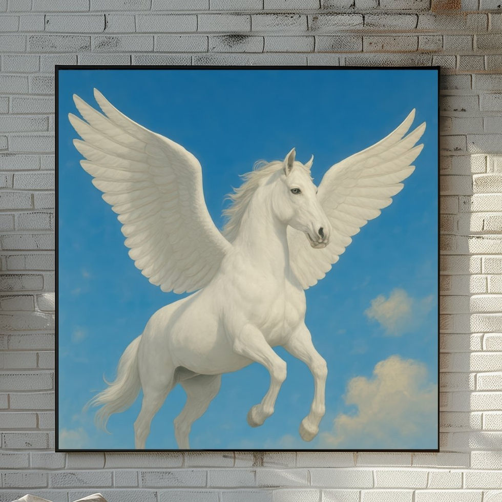White Pegasus wall art print featuring a winged horse flying against a blue sky, framed in a modern interior setting.