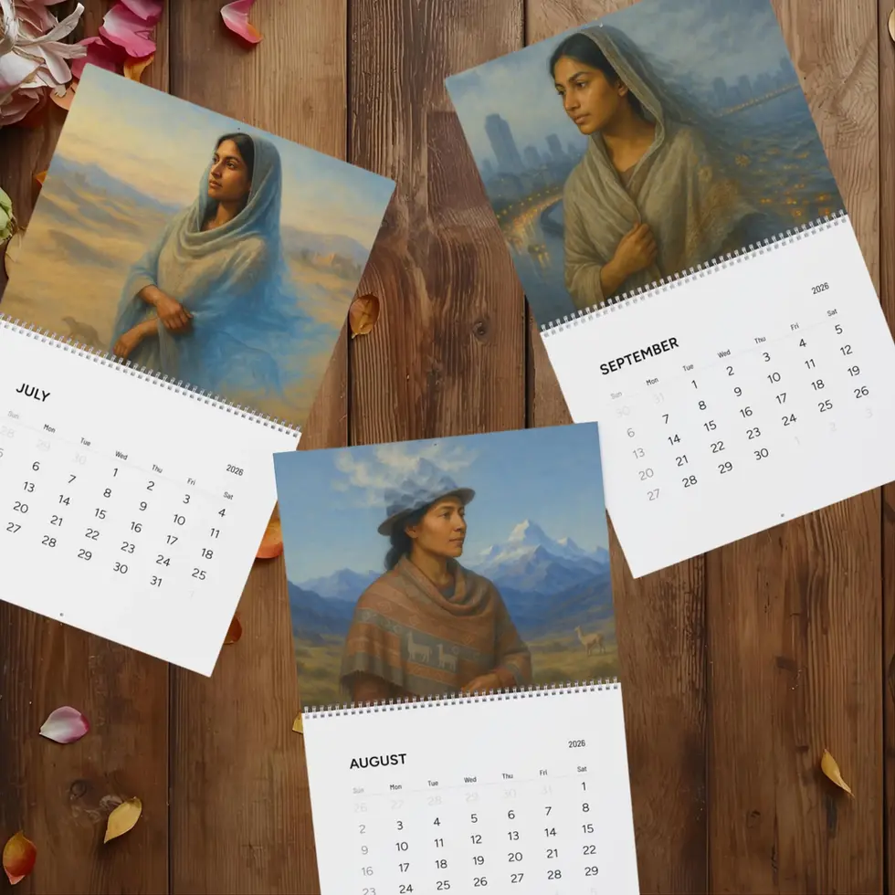 2026 calendar with multicultural Mother Earth feminine artwork.