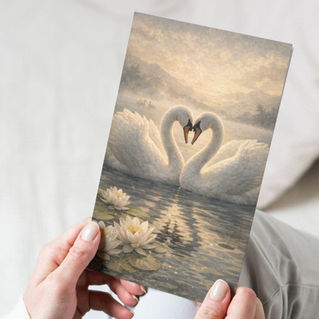 Two swans forming a heart shape on calm water at sunrise, romantic Valentine’s greeting card artwork.