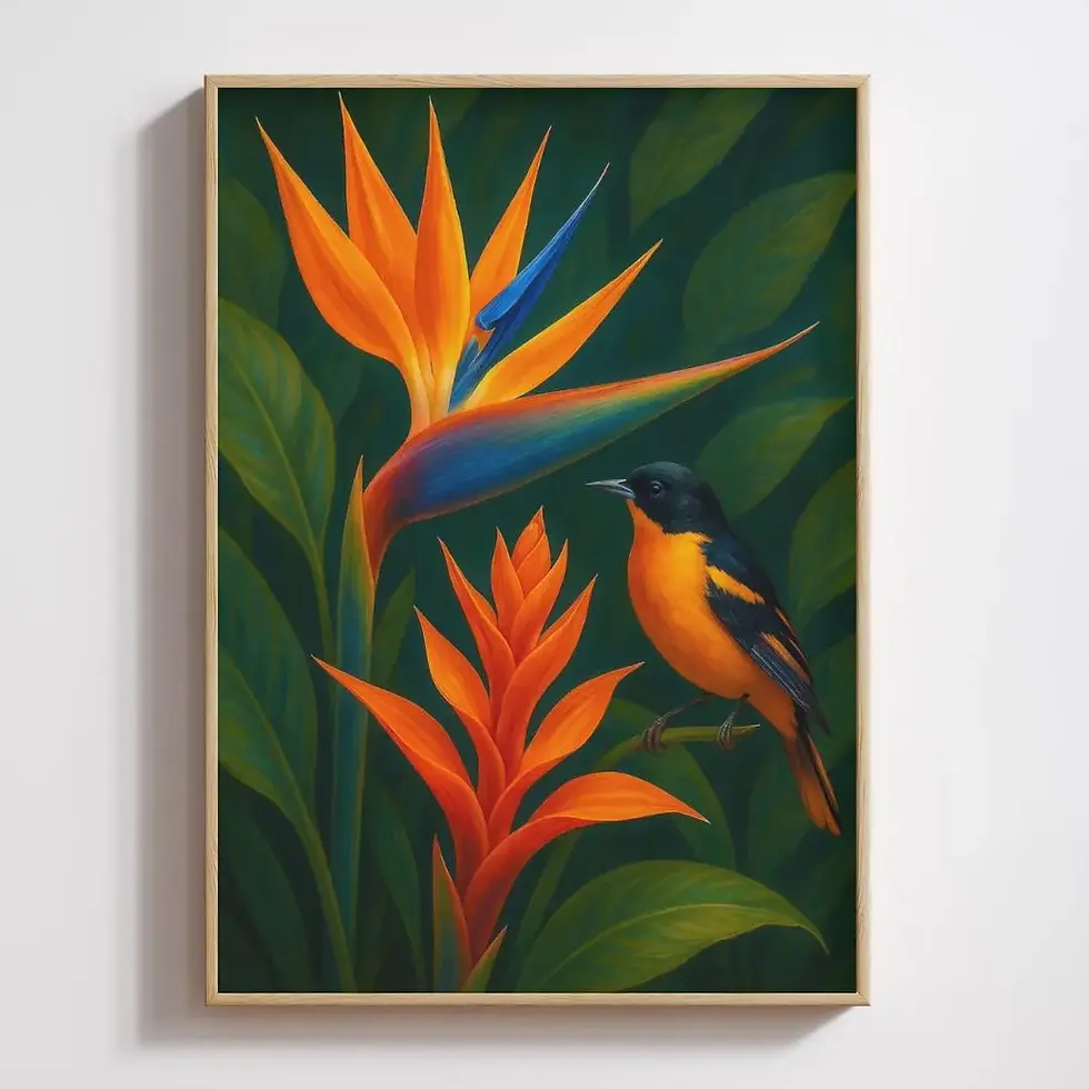 Illustration of a bright orange oriole perched beside a vivid Bird of Paradise flower and pink ginger blossoms