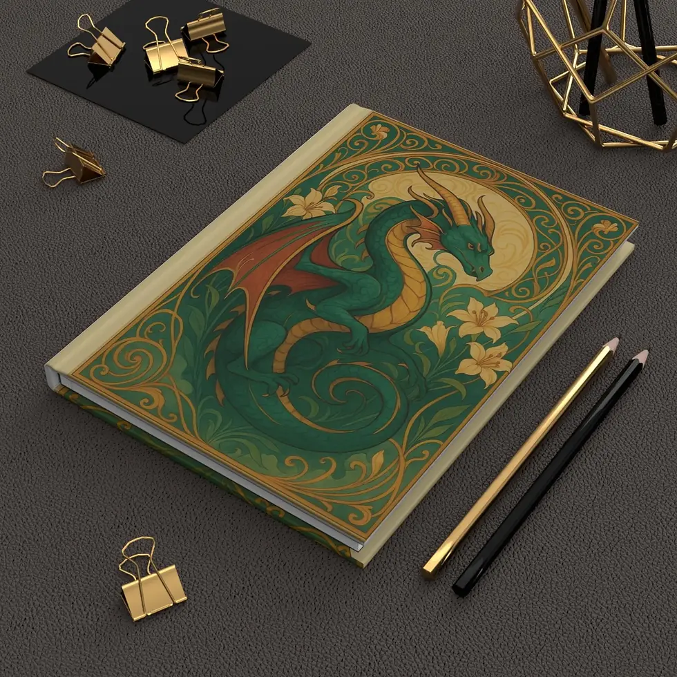 Notebook featuring ornate Art Nouveau dragon illustration.