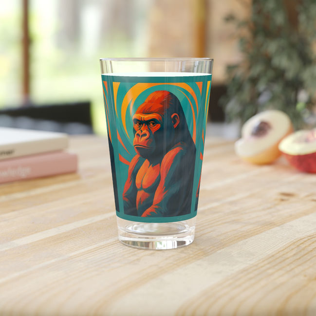 16oz pint glass featuring illustrated retro gorilla design.