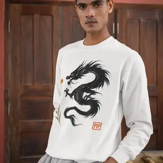 Gildan 18000 unisex crewneck sweatshirt with a bold black dragon design in an Asian-inspired style