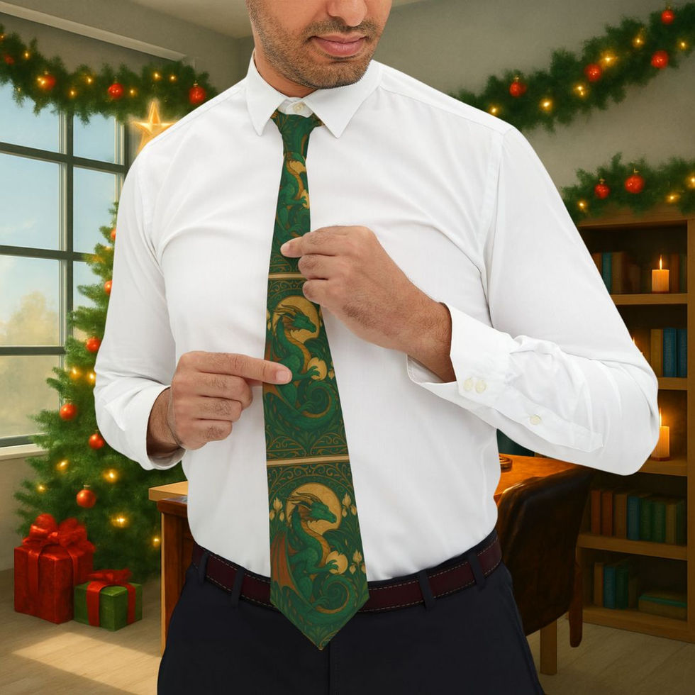 Green and gold Art Nouveau dragon tie, featuring a detailed dragon motif with swirling gold patterns