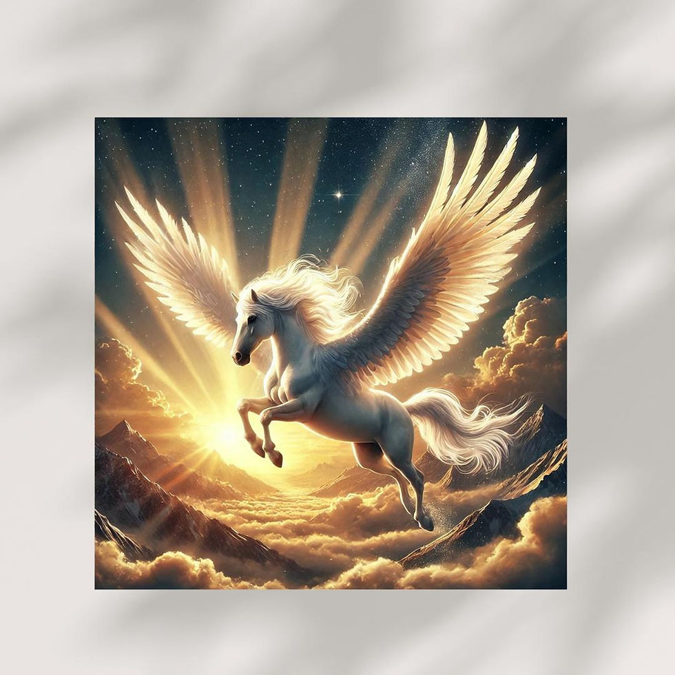 A powerful and inspirational image of Pegasus, the mythical winged horse, soaring through the clouds during a radiant sunrise