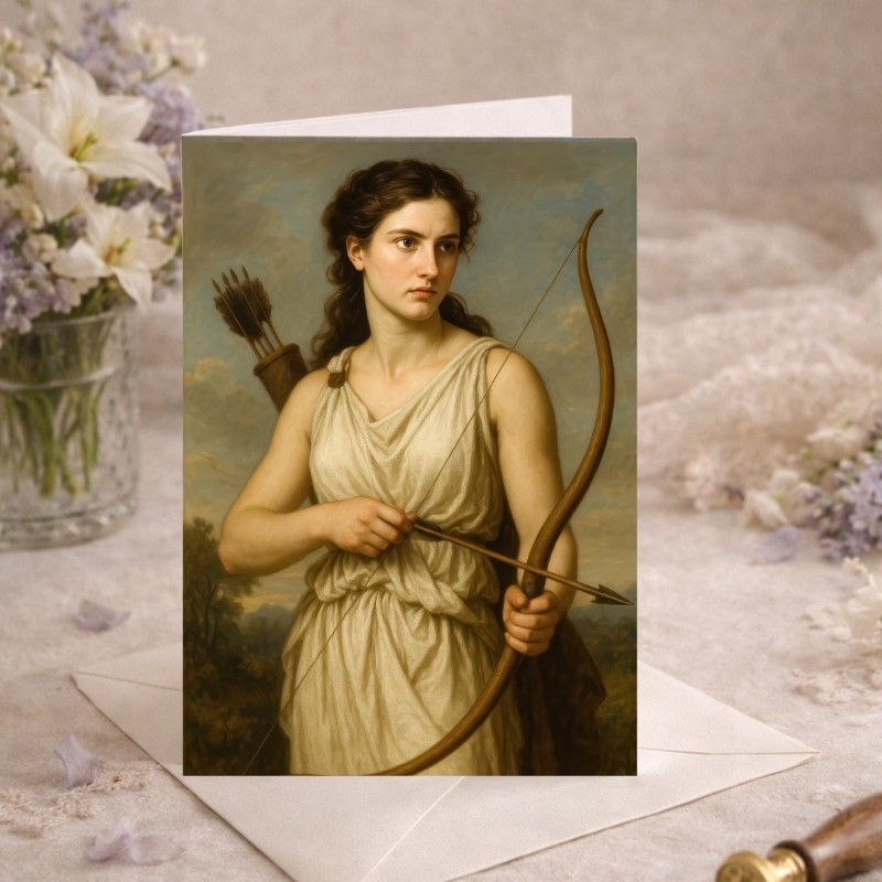 Artemis Greek goddess holding a bow and arrow, set against a misty grey sky with soft clouds