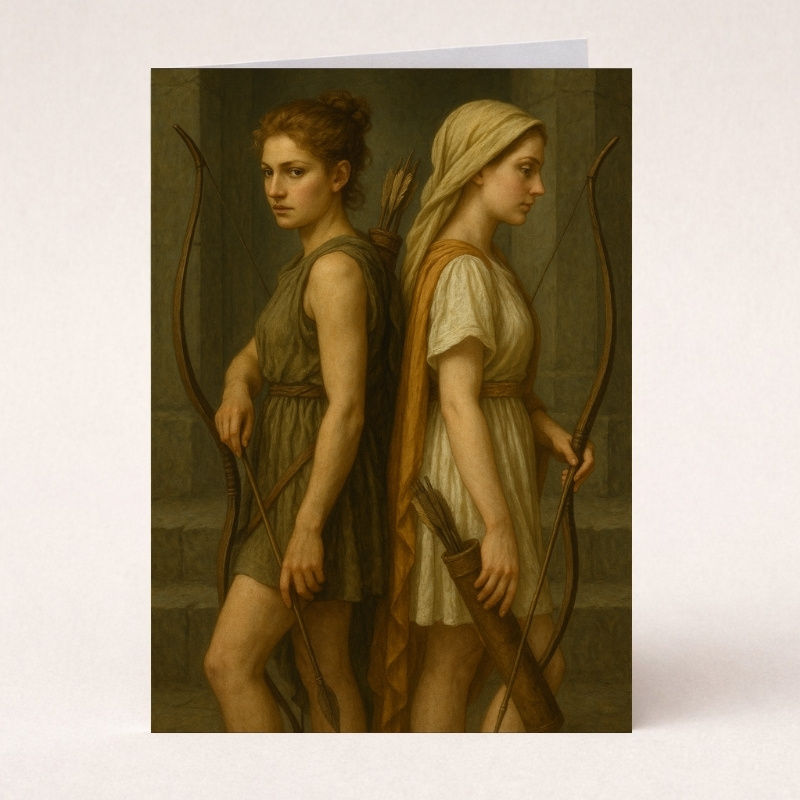 Artemis and Diana art card featuring two mythological huntress goddesses standing back to back with bows