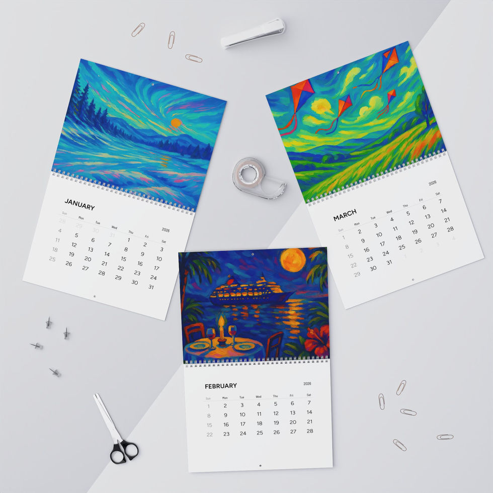 2026 wall calendar featuring vibrant impressionist art landscapes and tropical scenes in bold retro colors