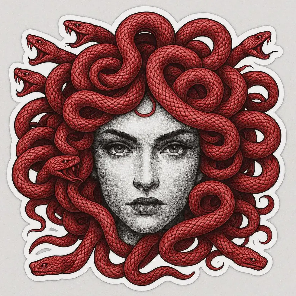Medusa vinyl sticker with bold red linework, detailed snakes, and a fierce gaze on a white background.