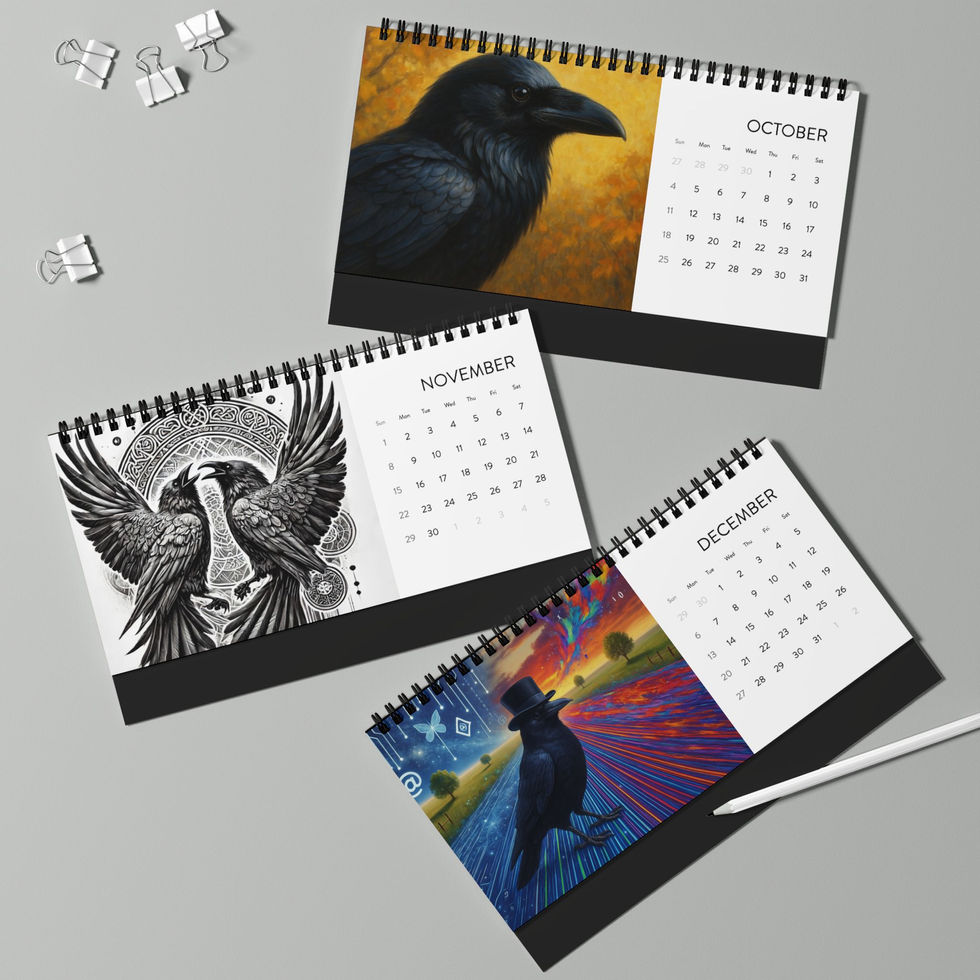 2026 desktop calendar with whimsical raven and crow illustrations.