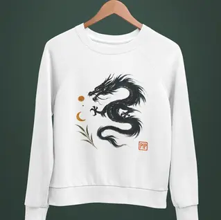 Gildan 18000 unisex crewneck sweatshirt with a bold black dragon design in an Asian-inspired style