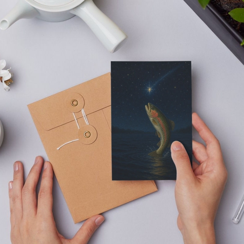 Greeting card featuring a rainbow trout leaping from moonlit waters beneath a starry night sky