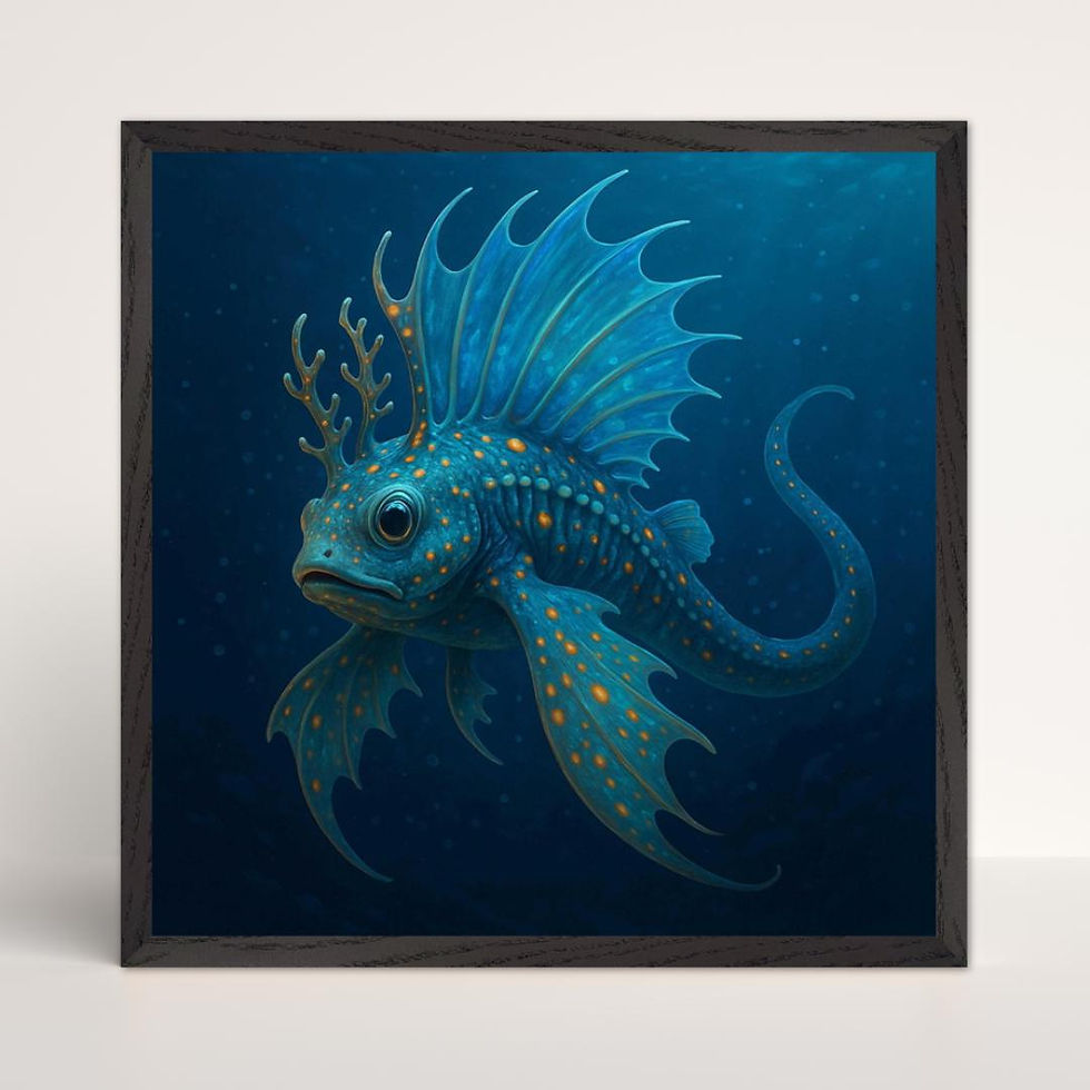 A framed artwork featuring a fantastical blue fish with orange spots and fin details