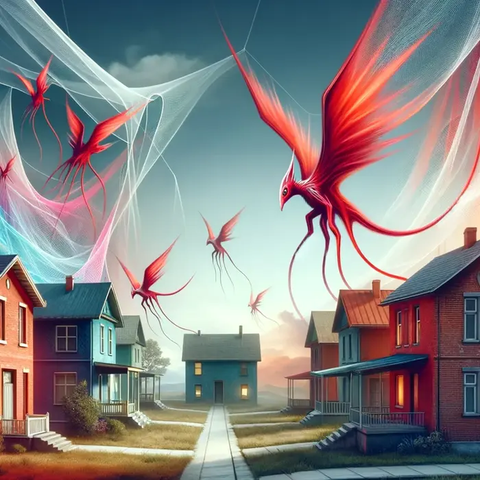 Red winged creatures fly over a quiet neighborhood.