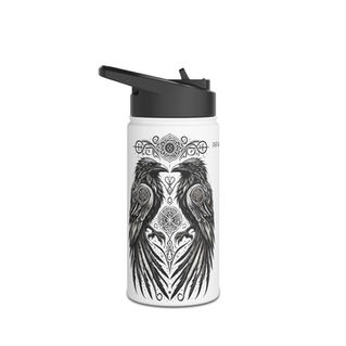 Stainless steel gothic water bottle featuring a detailed raven perched on an ornate skull, with intricate black and white art