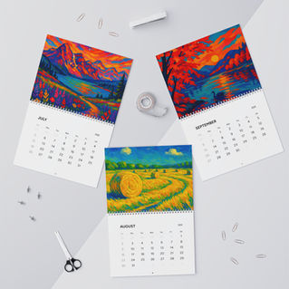 2026 wall calendar featuring vibrant impressionist art landscapes and tropical scenes in bold retro colors
