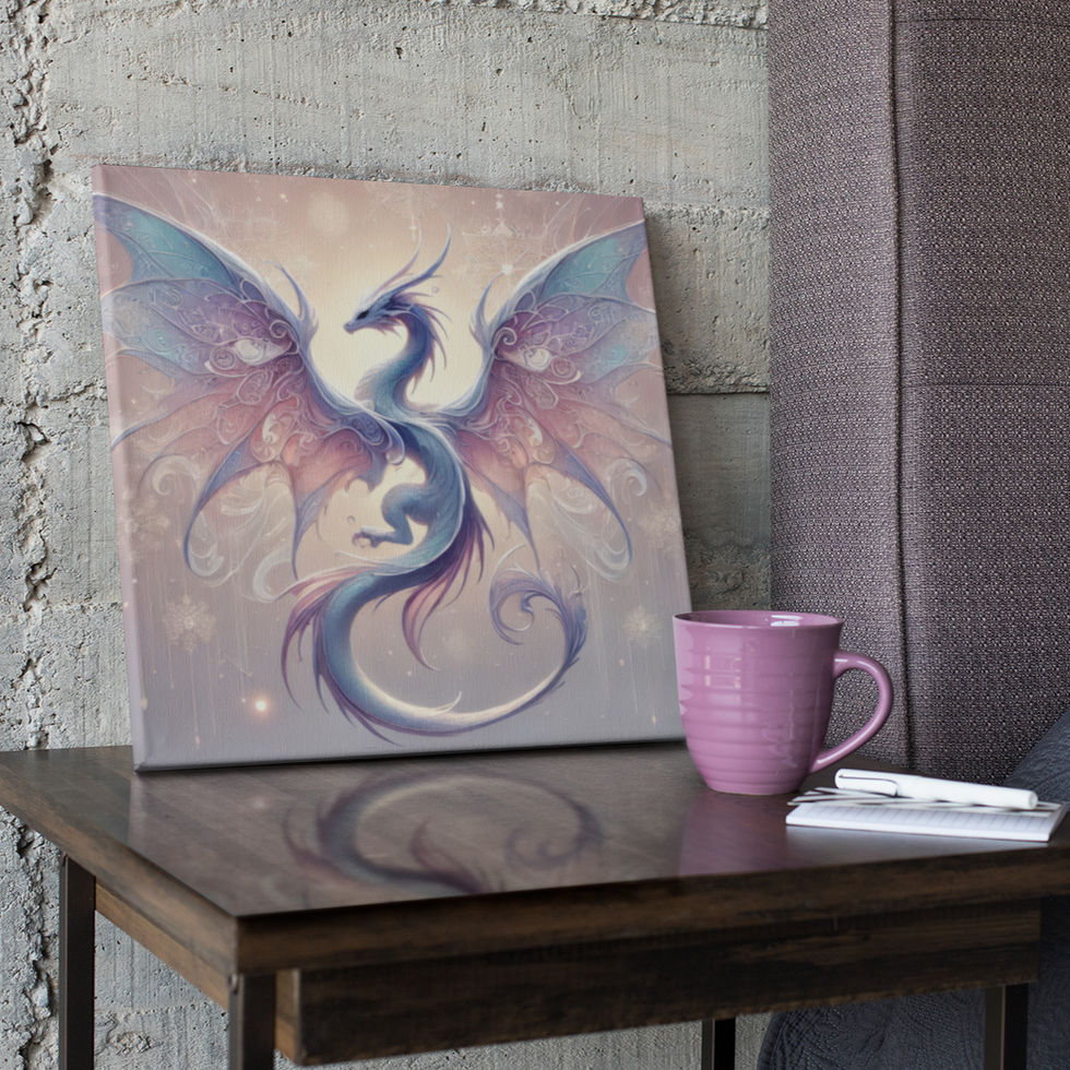 Fantasy pastel dragon digital artwork in pink, lavender, and blue tones with butterfly wings and celestial light