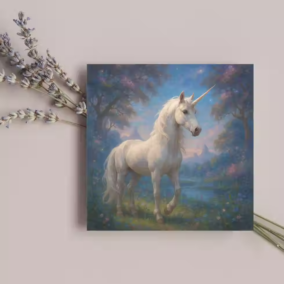 A framed art print featuring a white unicorn in a fantasy landscape.