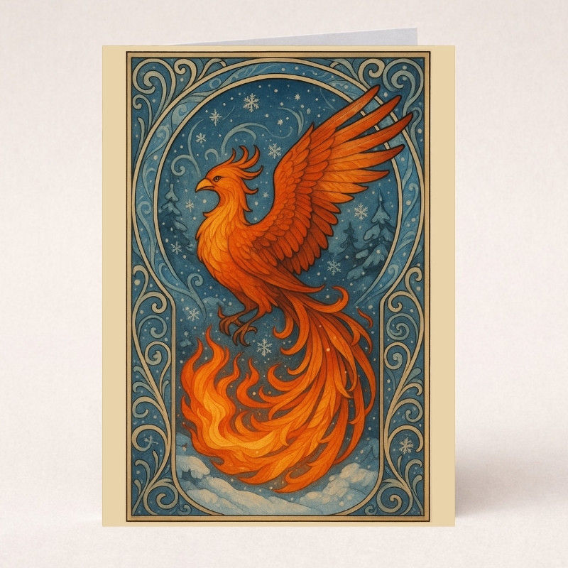 Phoenix illustration greeting card featuring a fiery orange phoenix in an art nouveau frame against a blue winter background