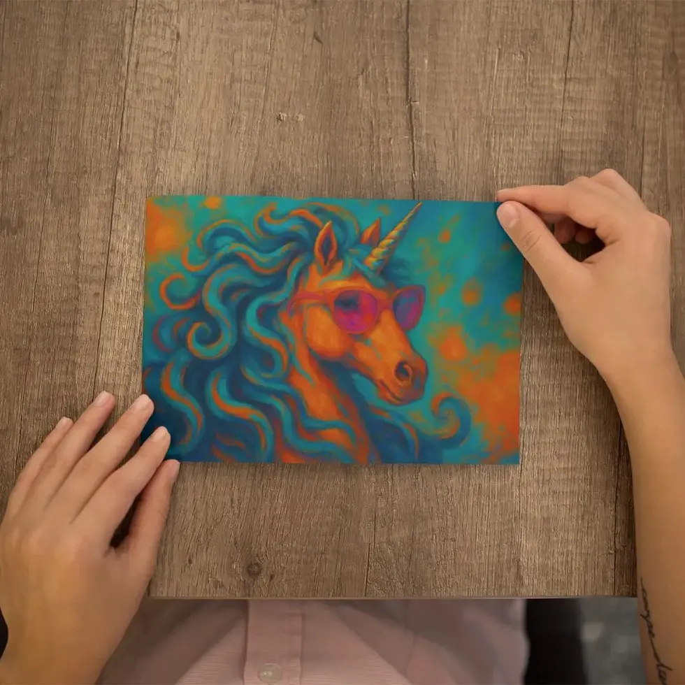 Bundle of retro-style unicorn postcards with 70s fantasy colors.