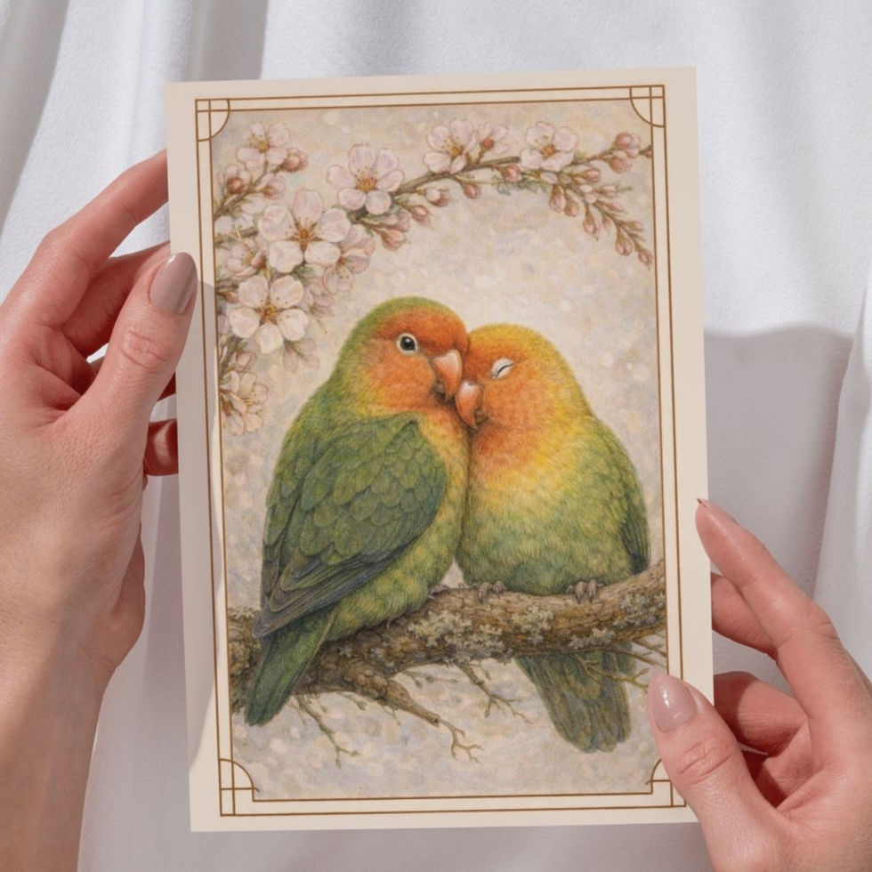 Two love birds cuddling on a branch with blossoms, romantic Valentine’s greeting card illustration.