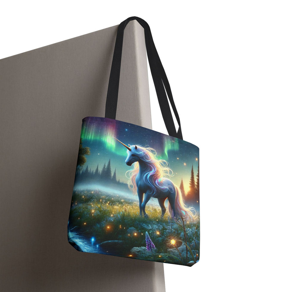 Northern Lights unicorn tote bag featuring a glowing unicorn under an aurora sky, worn as a crossbody bag.