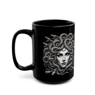 Black ceramic mug featuring a detailed grayscale illustration of Medusa with snakes for hair.