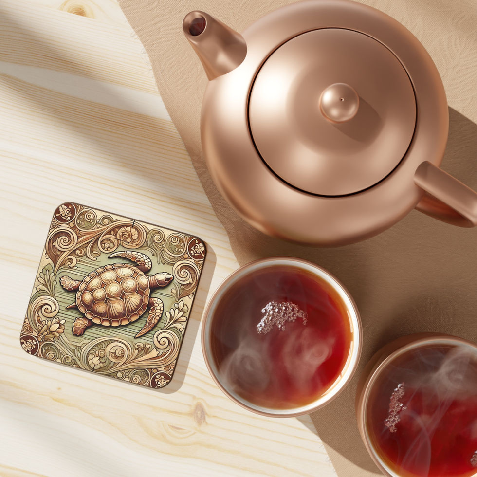 Art Nouveau safari coasters featuring illustrated lion, giraffe, elephant, and sea turtle with ornate botanical patterns