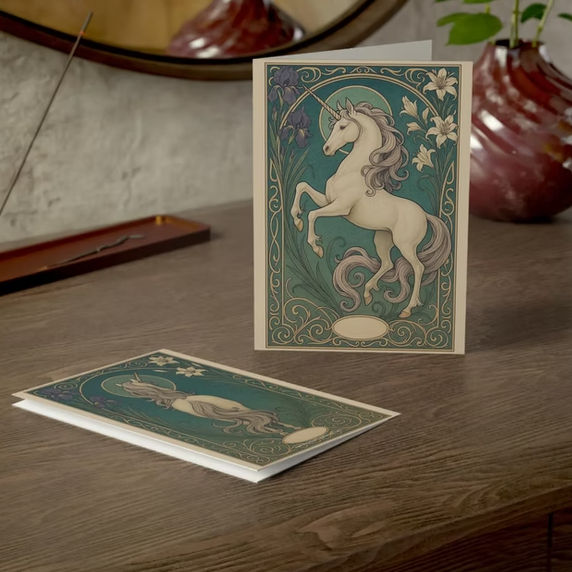 Unicorn Art Nouveau greeting card in soft pastel hues, featuring a mythic unicorn surrounded by floral designs.
