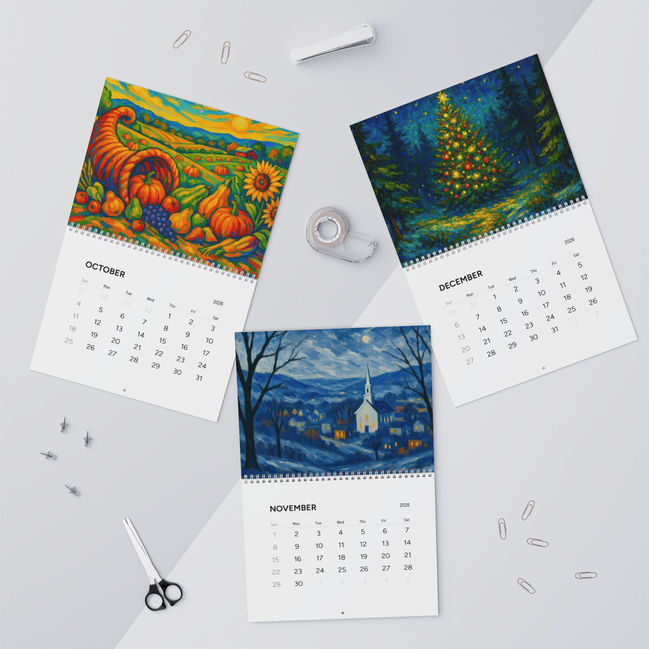 2026 wall calendar featuring vibrant impressionist art landscapes and tropical scenes in bold retro colors
