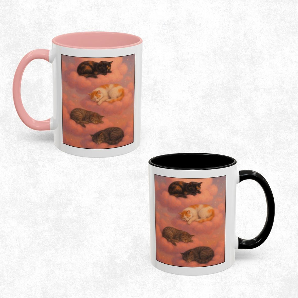 Ceramic coffee mug featuring cats sleeping on pink clouds, dreamy cat art mug by PiP Art Gallery