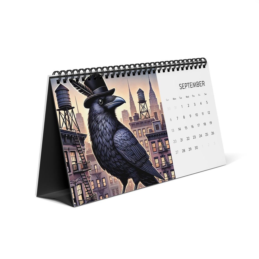 2026 desktop calendar with whimsical raven and crow illustrations.