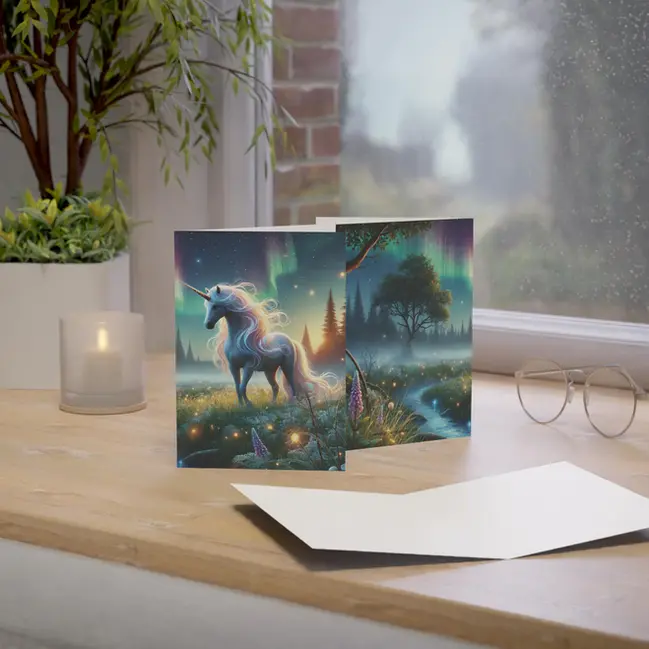 A greeting card featuring a majestic unicorn in a magical landscape.