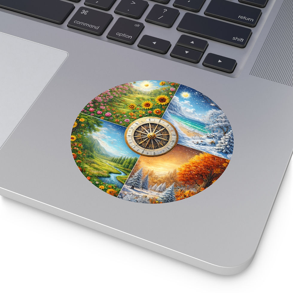 Round vinyl sticker showing spring, summer, autumn, and winter landscapes arranged around a vintage compass
