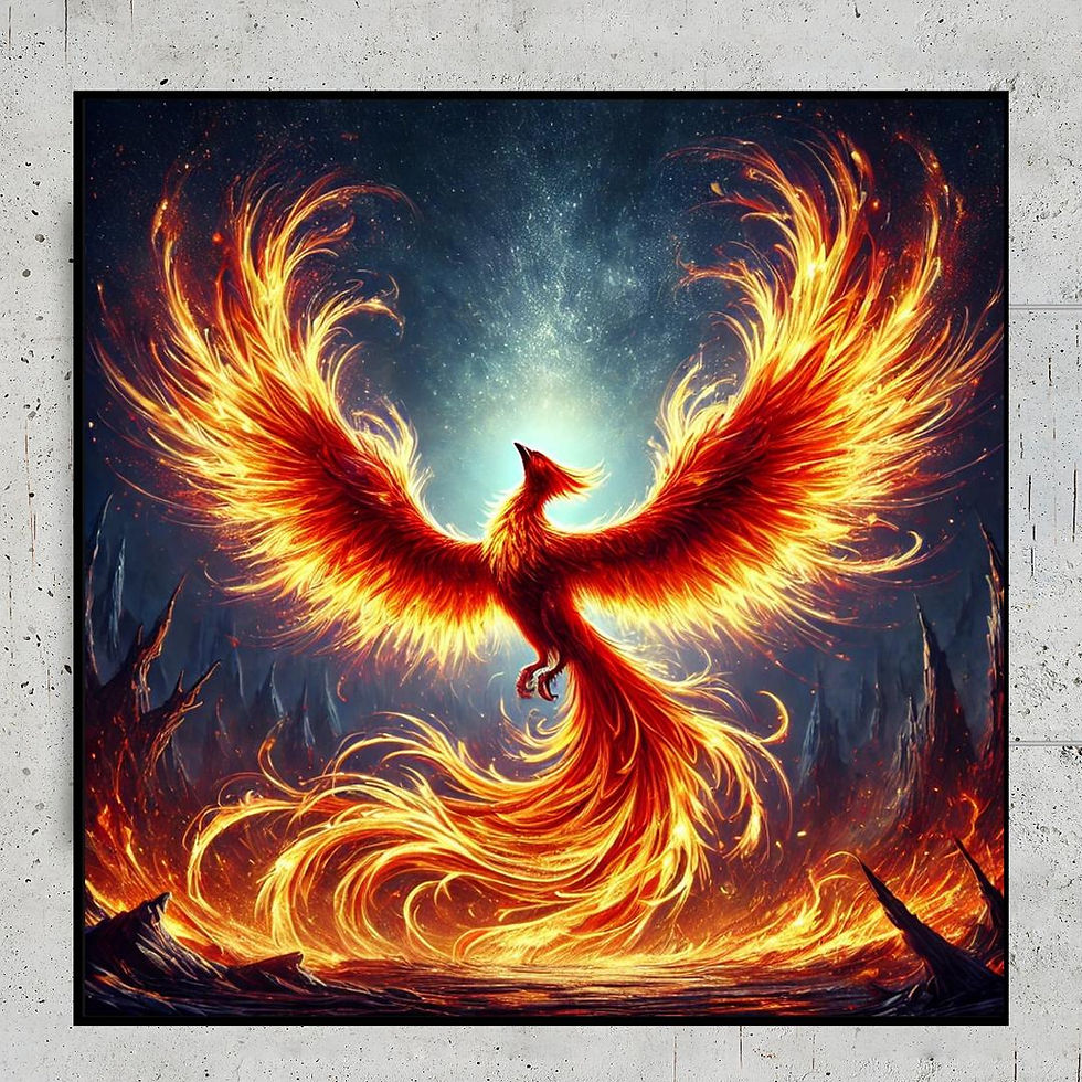 A fiery orange and yellow phoenix bird art print with outstretched wings against a dark blue background with white stars.