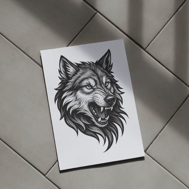 Black and white wolf head illustration art postcard with strong graphic contrast.