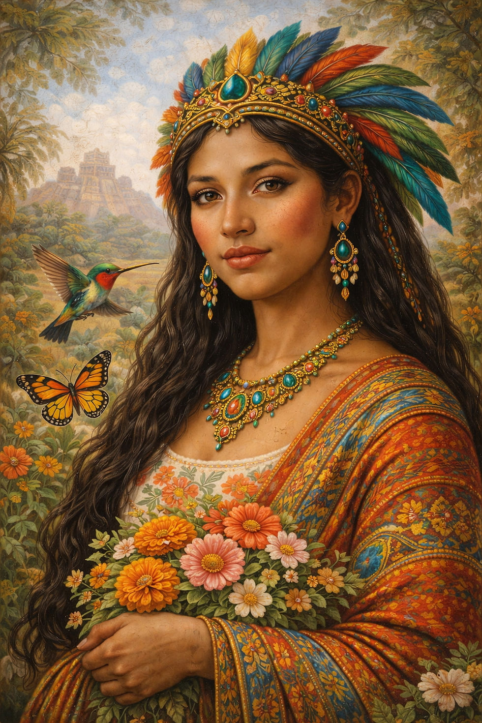 Xochiquetzal Aztec goddess portrait with hummingbird and flowers representing fertility and renewal.