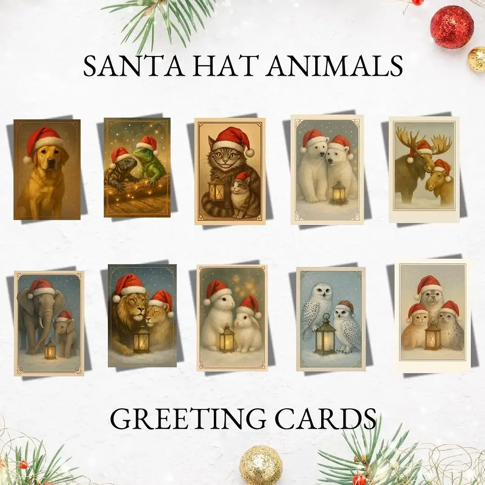 Set of illustrated Christmas cards featuring animals in Santa hats holding lanterns in snowy winter scenes.