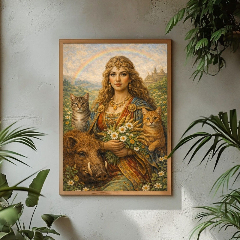 Freyja Norse goddess art print featuring boar Hildisvíni and cats, symbolizing fertility, resilience, and wild feminine power
