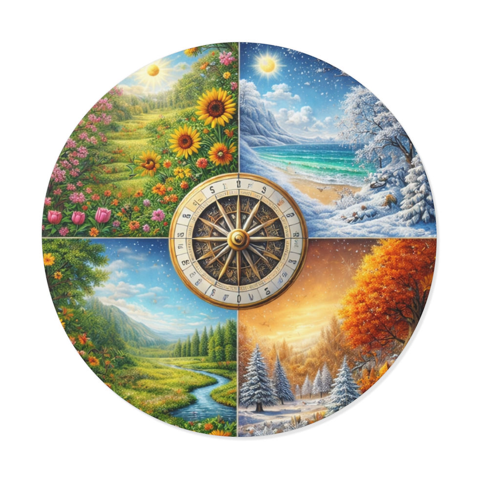 Round vinyl sticker showing spring, summer, autumn, and winter landscapes arranged around a vintage compass